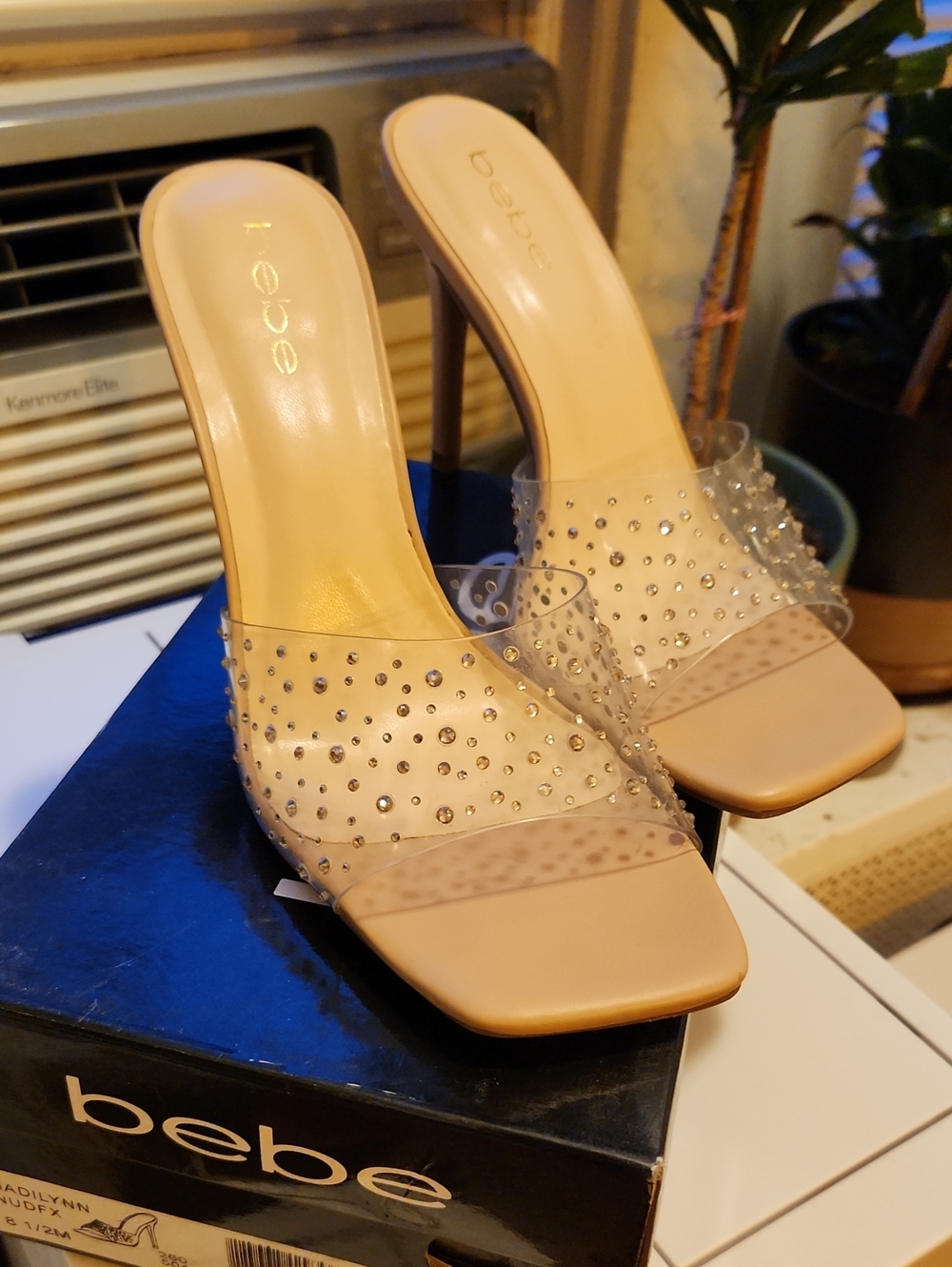 bebe Clear Studded Nude Slide Heels